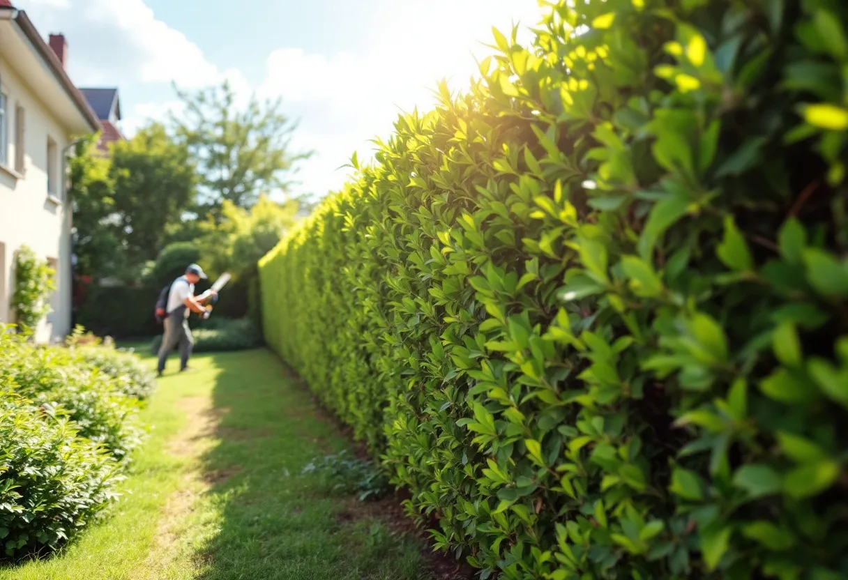 Taille d'une haie au taille-haie dans un jardin en Eure-et-Loir