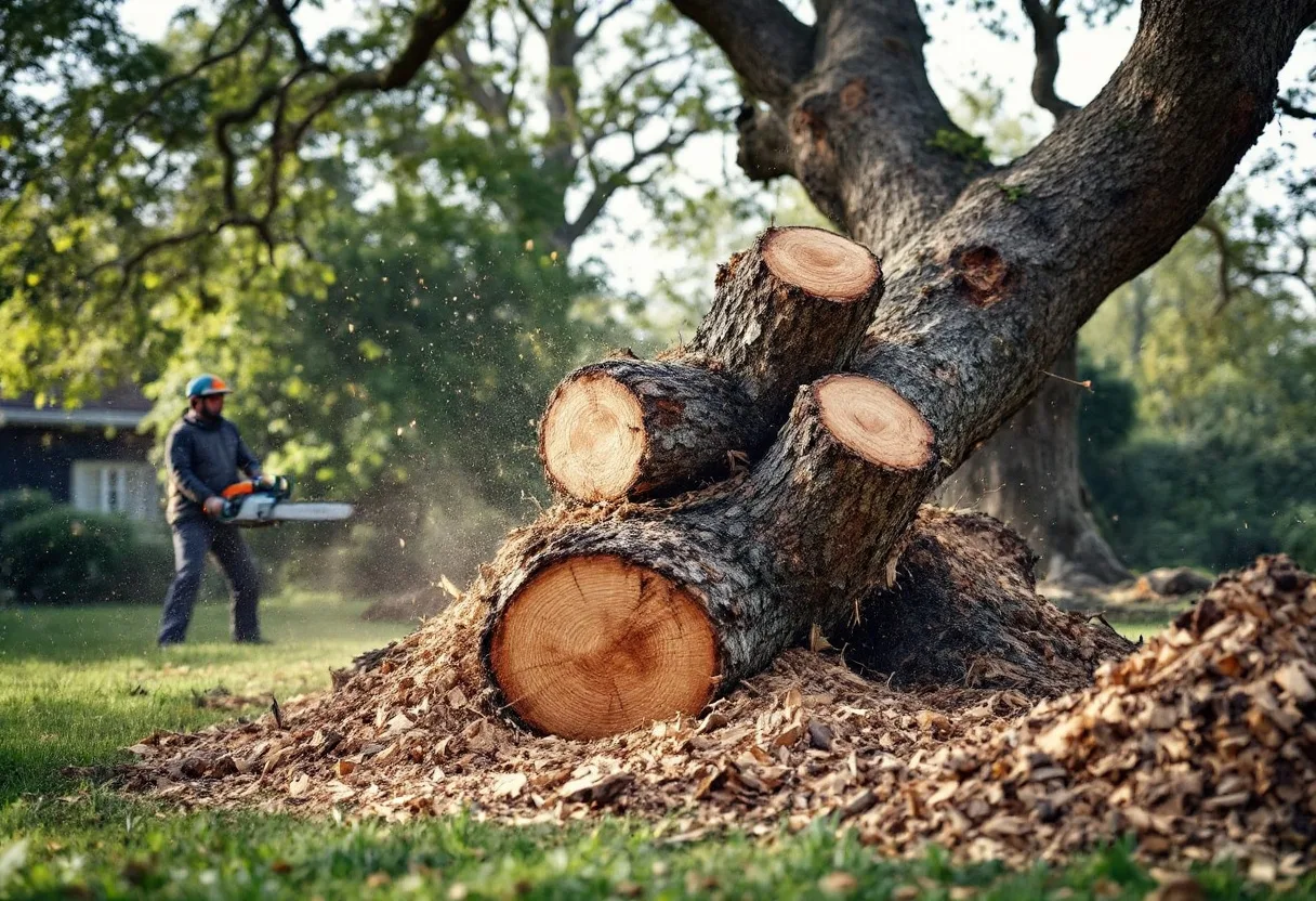 Abattage d'un arbre : tronc tronçonné au sol et copeaux