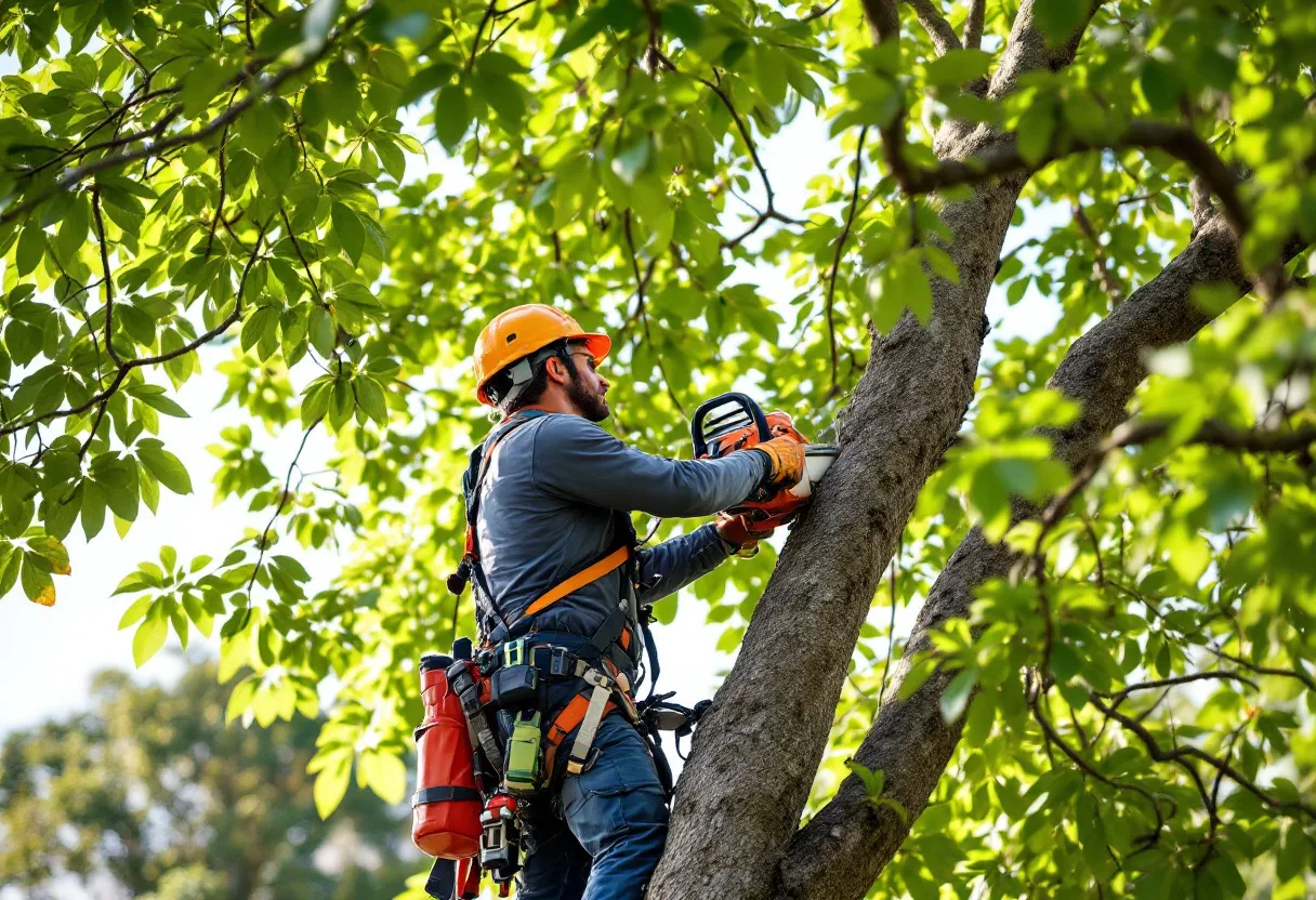 Élagueur taillant un arbre à la tronçonneuse, en hauteur