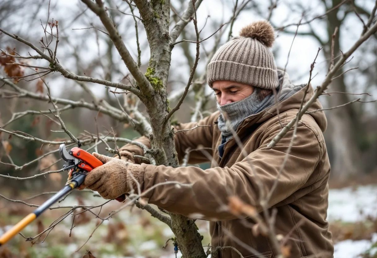 Taille d'un arbre en hiver au sécateur de force